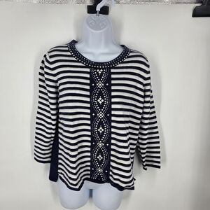 Alfred Dunner Petite PXL Navy Blue White Striped Studded Rhinestone Knit Top L